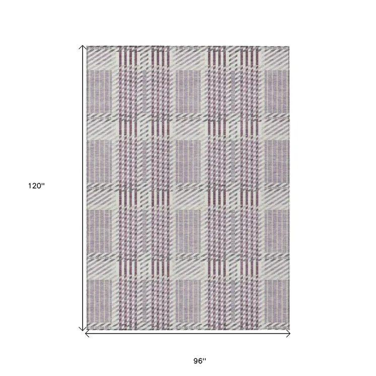 8' X 10' Lavender Ivory And Gray Plaid Washable Indoor Outdoor Area Rug