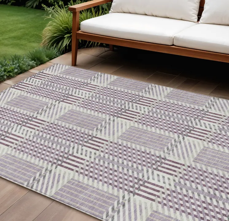 10' X 14' Lavender Ivory And Gray Plaid Washable Indoor Outdoor Area Rug