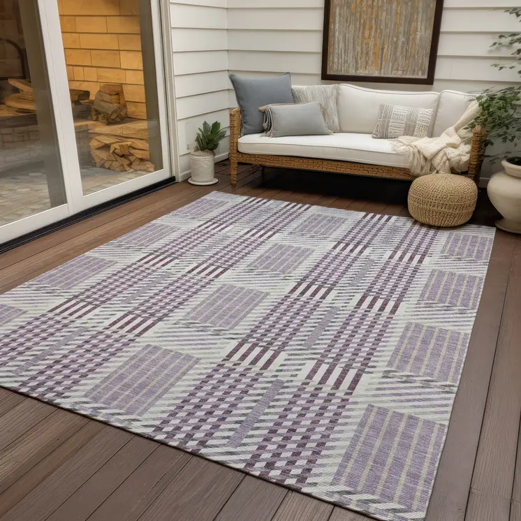 10' X 14' Lavender Ivory And Gray Plaid Washable Indoor Outdoor Area Rug