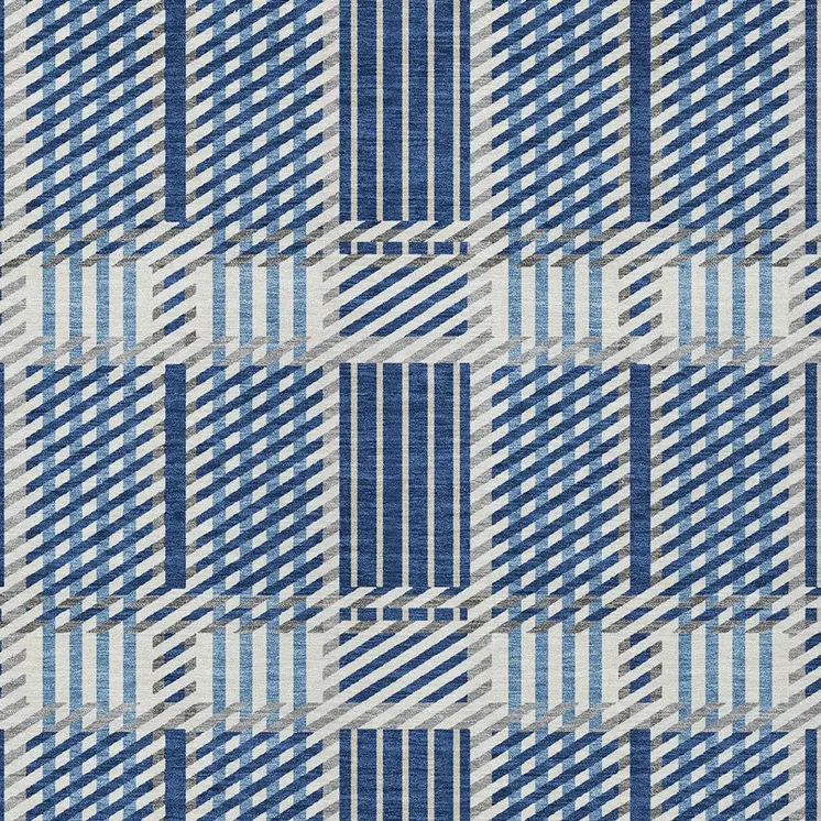 3' X 5' Navy Blue Ivory And Gray Plaid Washable Indoor Outdoor Area Rug