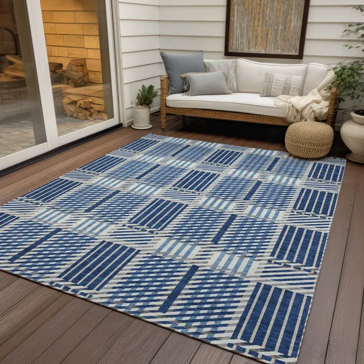 3' X 5' Navy Blue Ivory And Gray Plaid Washable Indoor Outdoor Area Rug