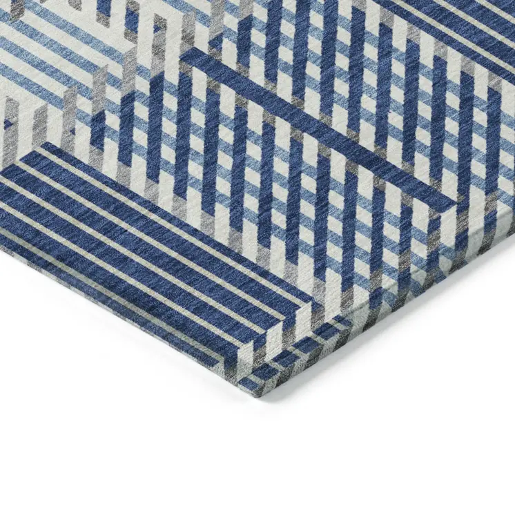 3' X 5' Navy Blue Ivory And Gray Plaid Washable Indoor Outdoor Area Rug