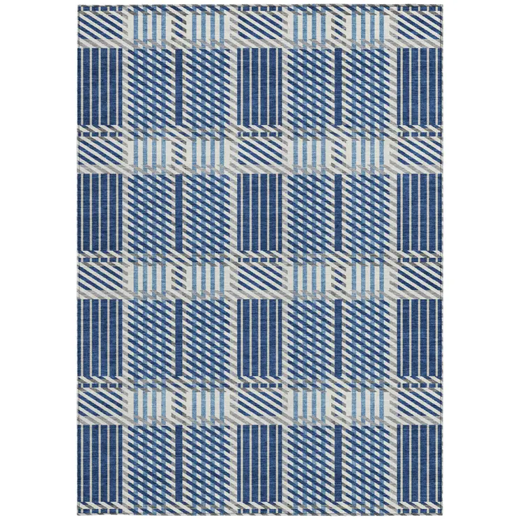 3' X 5' Navy Blue Ivory And Gray Plaid Washable Indoor Outdoor Area Rug