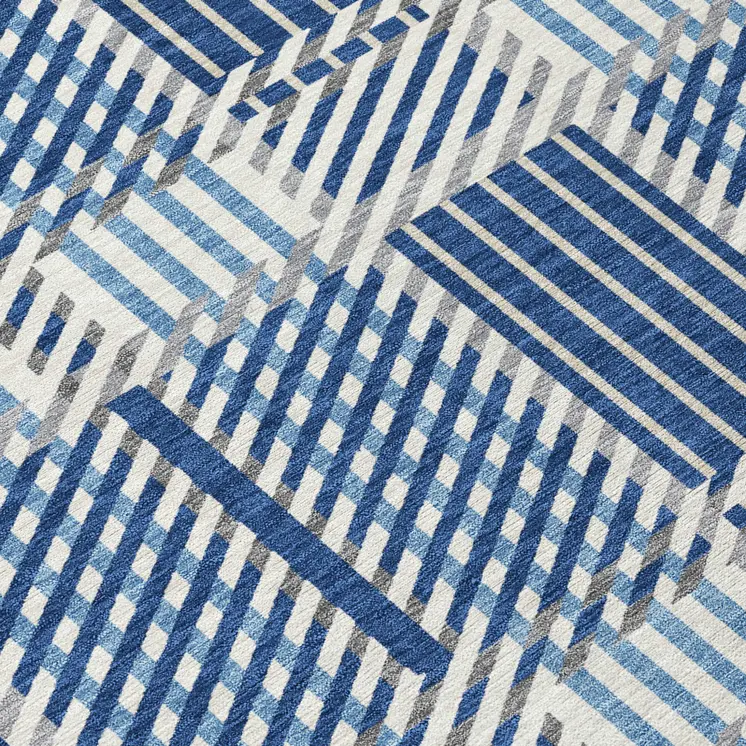 3' X 5' Navy Blue Ivory And Gray Plaid Washable Indoor Outdoor Area Rug
