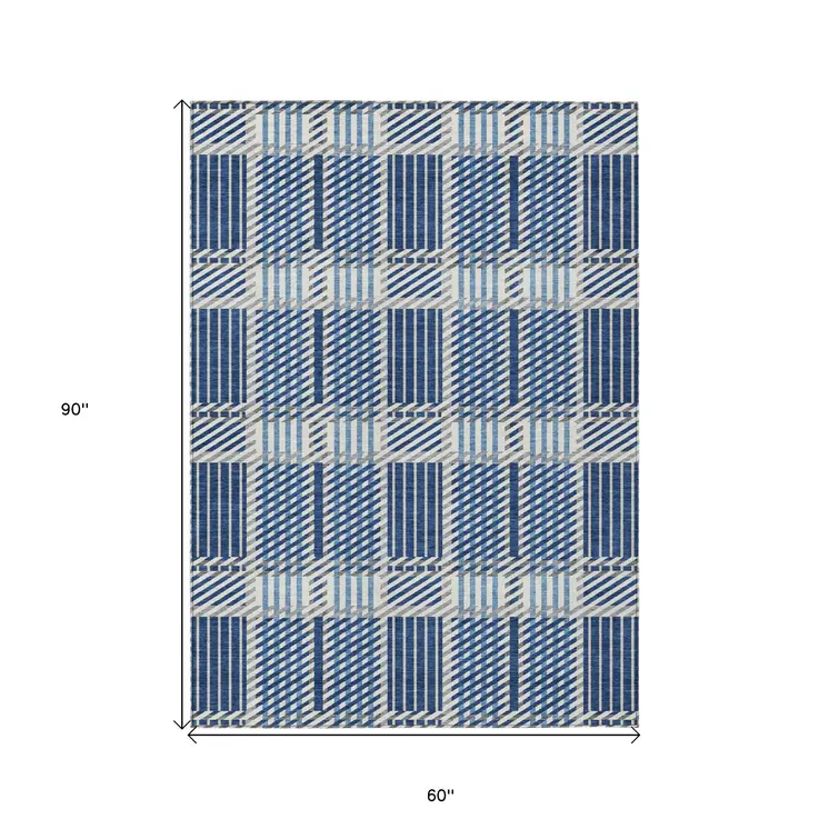 5' X 8' Navy Blue Ivory And Gray Plaid Washable Indoor Outdoor Area Rug