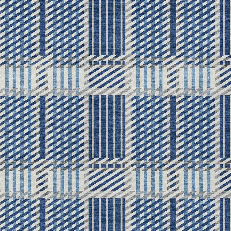 5' X 8' Navy Blue Ivory And Gray Plaid Washable Indoor Outdoor Area Rug