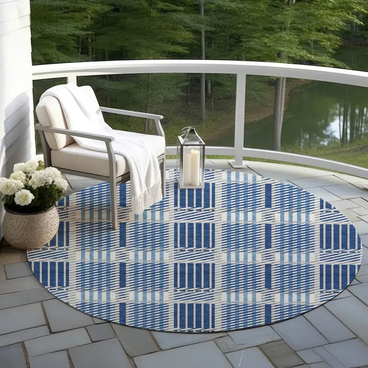 8' Navy Blue Ivory And Gray Round Plaid Washable Indoor Outdoor Area Rug
