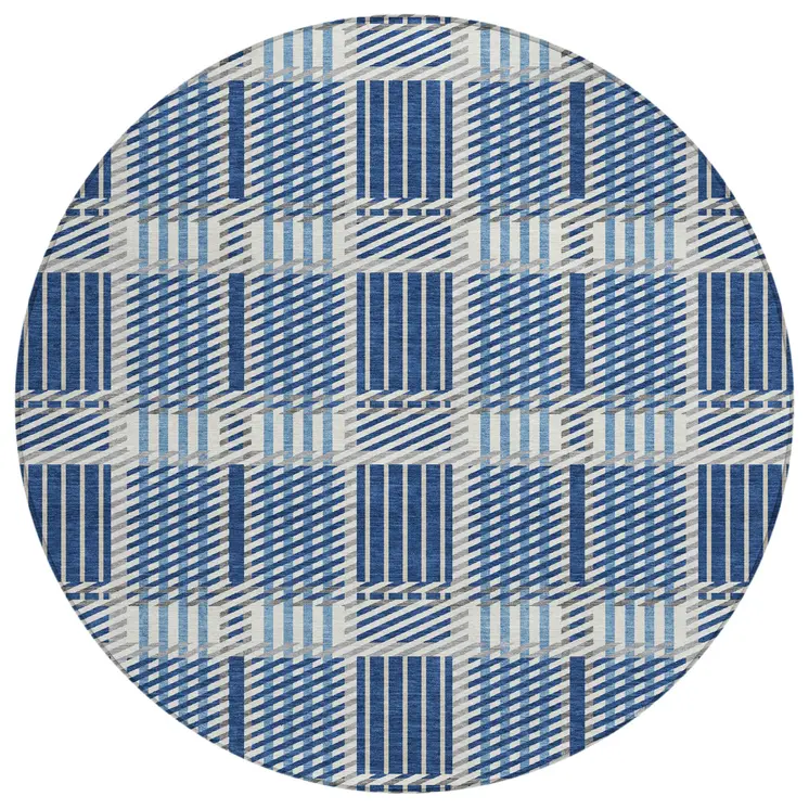 8' Navy Blue Ivory And Gray Round Plaid Washable Indoor Outdoor Area Rug