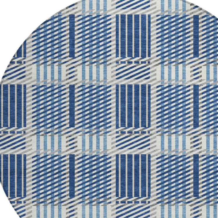 8' Navy Blue Ivory And Gray Round Plaid Washable Indoor Outdoor Area Rug