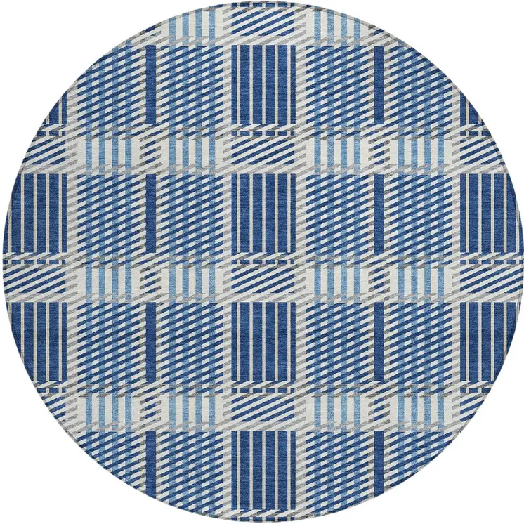 8' Navy Blue Ivory And Gray Round Plaid Washable Indoor Outdoor Area Rug