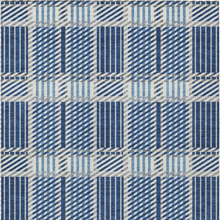 8' X 10' Navy Blue Ivory And Gray Plaid Washable Indoor Outdoor Area Rug