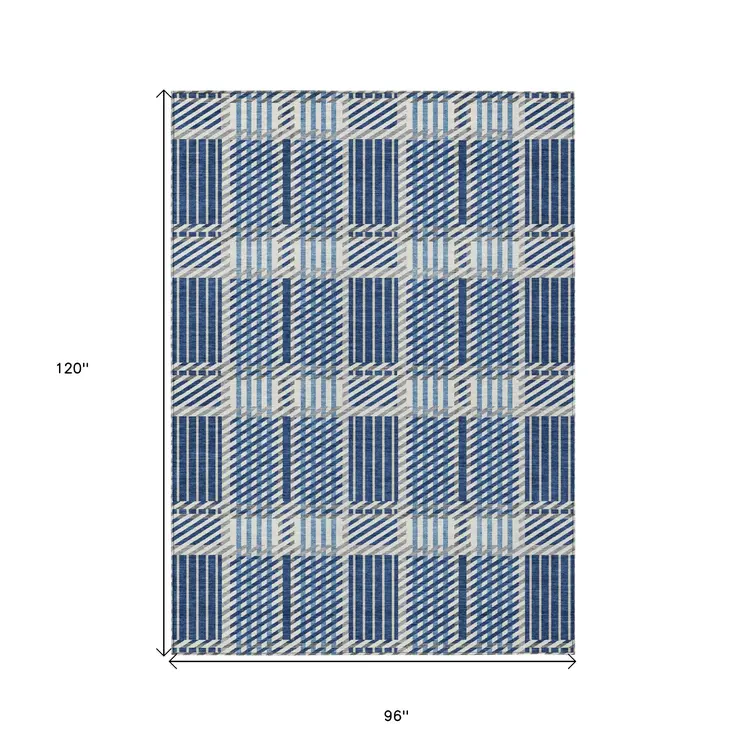 8' X 10' Navy Blue Ivory And Gray Plaid Washable Indoor Outdoor Area Rug
