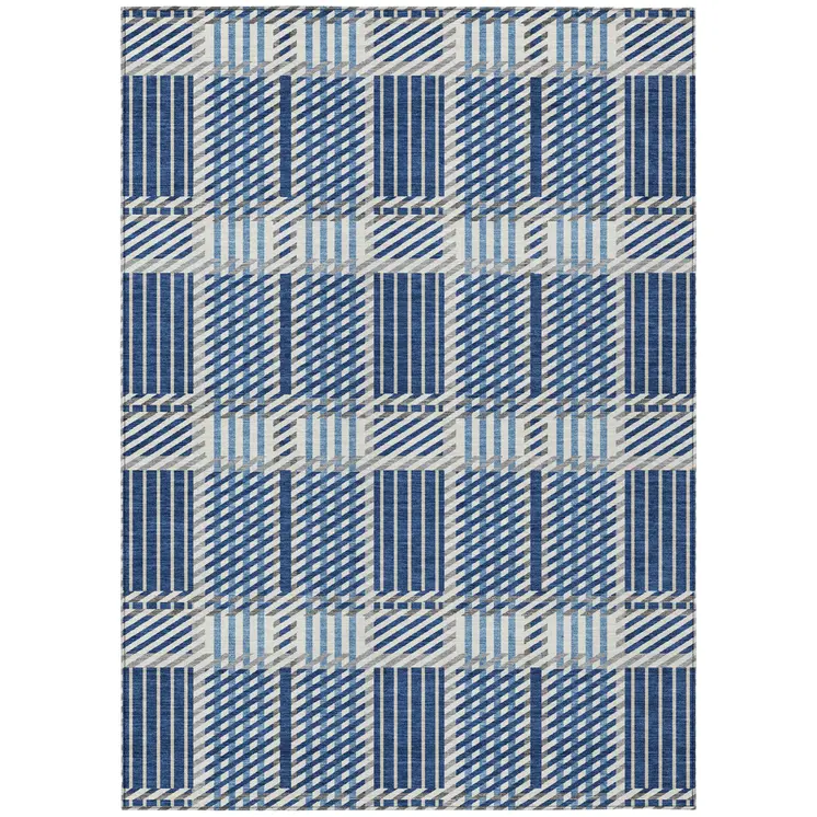 8' X 10' Navy Blue Ivory And Gray Plaid Washable Indoor Outdoor Area Rug