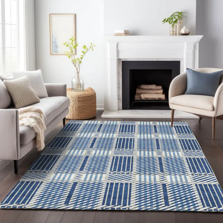 9' X 12' Navy Blue Ivory And Gray Plaid Washable Indoor Outdoor Area Rug