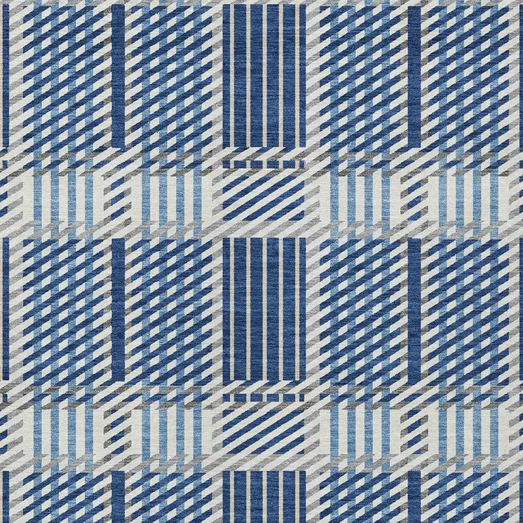 10' X 14' Navy Blue Ivory And Gray Plaid Washable Indoor Outdoor Area Rug