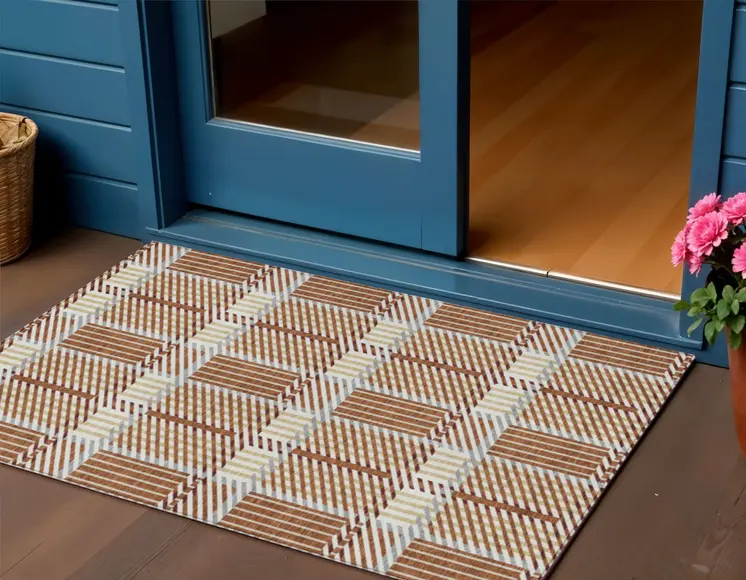 3' X 5' Copper Gold And Gray Plaid Washable Indoor Outdoor Area Rug