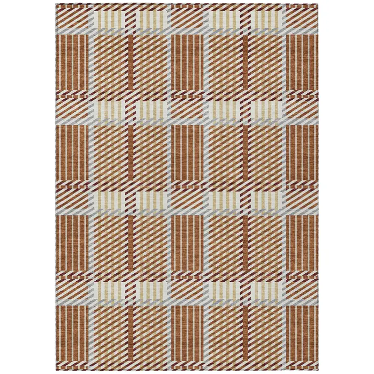 3' X 5' Copper Gold And Gray Plaid Washable Indoor Outdoor Area Rug