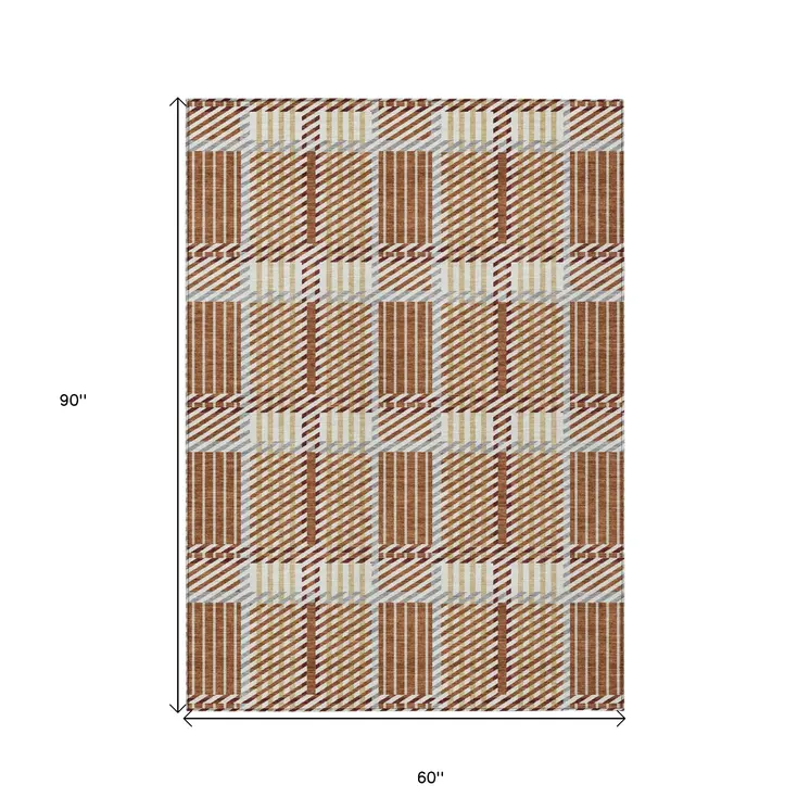 5' X 8' Copper Gold And Gray Plaid Washable Indoor Outdoor Area Rug