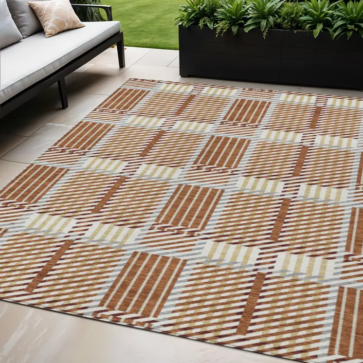 5' X 8' Copper Gold And Gray Plaid Washable Indoor Outdoor Area Rug