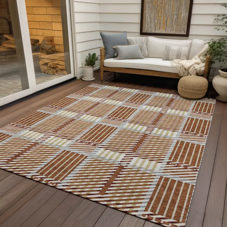 5' X 8' Copper Gold And Gray Plaid Washable Indoor Outdoor Area Rug