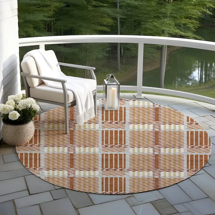 8' Copper Gold And Gray Round Plaid Washable Indoor Outdoor Area Rug