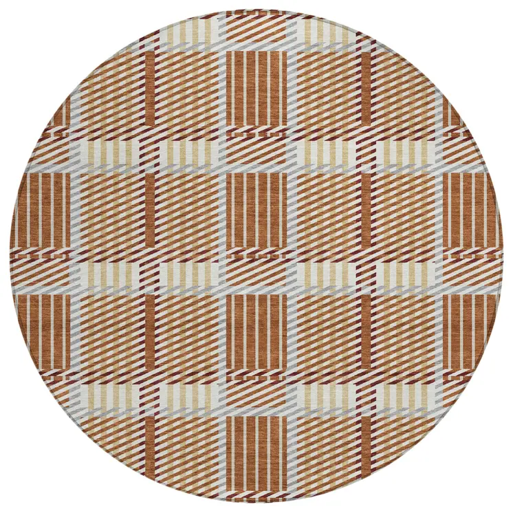 8' Copper Gold And Gray Round Plaid Washable Indoor Outdoor Area Rug
