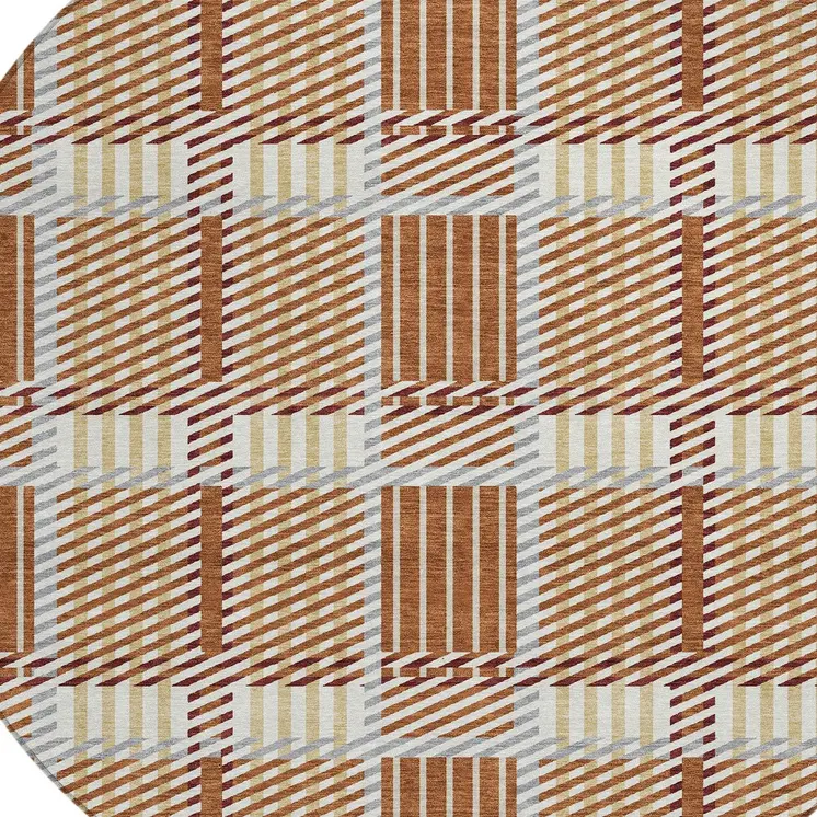 8' Copper Gold And Gray Round Plaid Washable Indoor Outdoor Area Rug