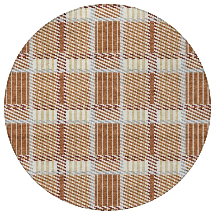 8' Copper Gold And Gray Round Plaid Washable Indoor Outdoor Area Rug