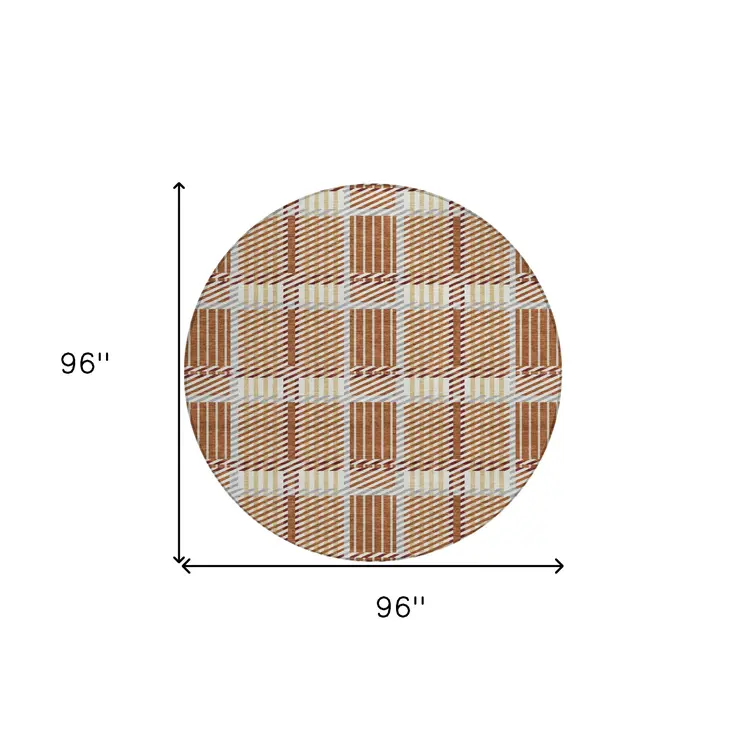 8' Copper Gold And Gray Round Plaid Washable Indoor Outdoor Area Rug