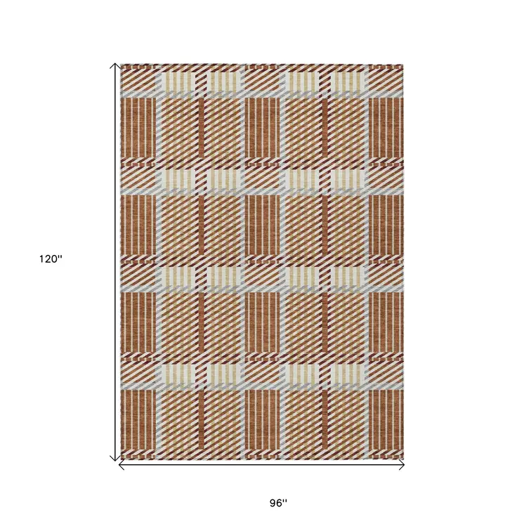 8' X 10' Copper Gold And Gray Plaid Washable Indoor Outdoor Area Rug