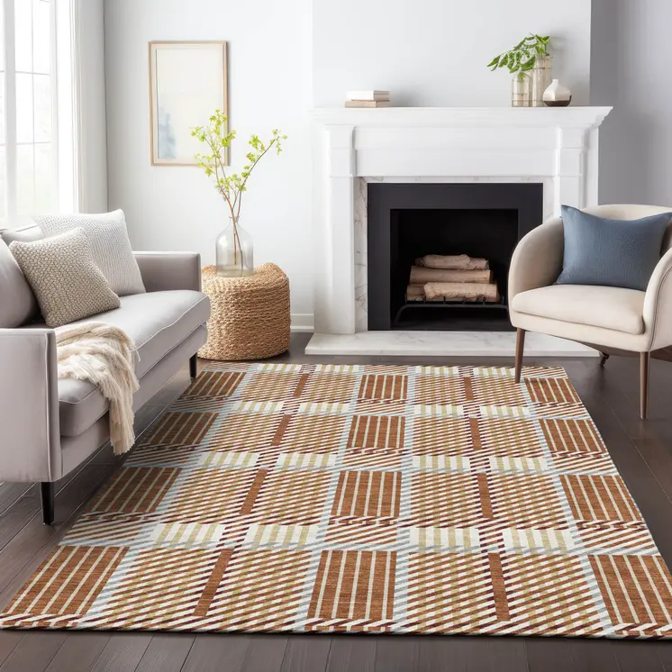 8' X 10' Copper Gold And Gray Plaid Washable Indoor Outdoor Area Rug