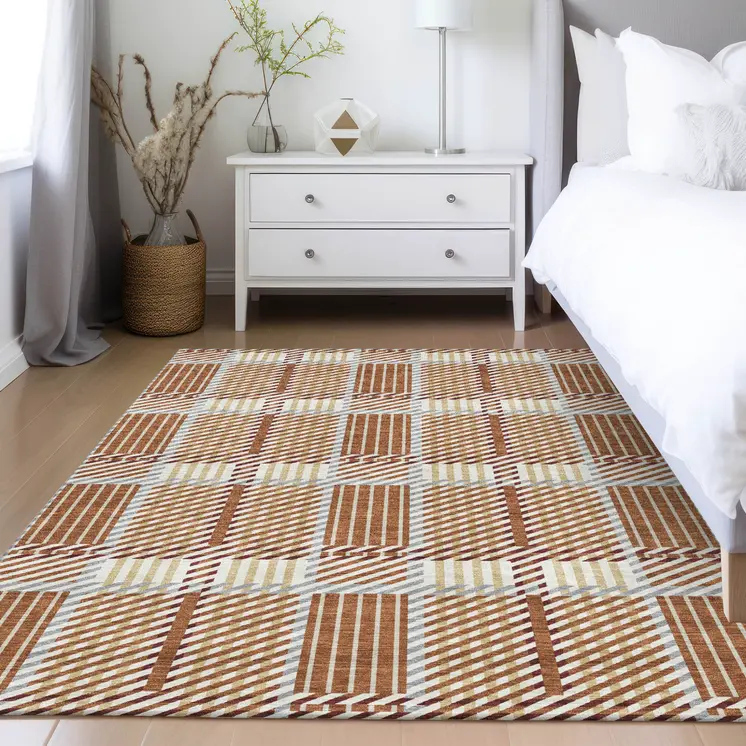8' X 10' Copper Gold And Gray Plaid Washable Indoor Outdoor Area Rug