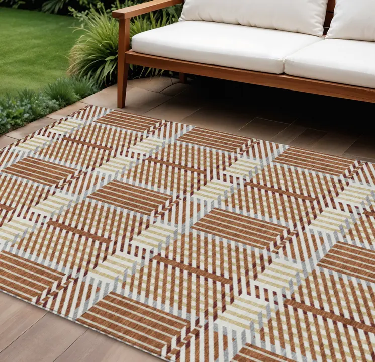10' X 14' Copper Gold And Gray Plaid Washable Indoor Outdoor Area Rug