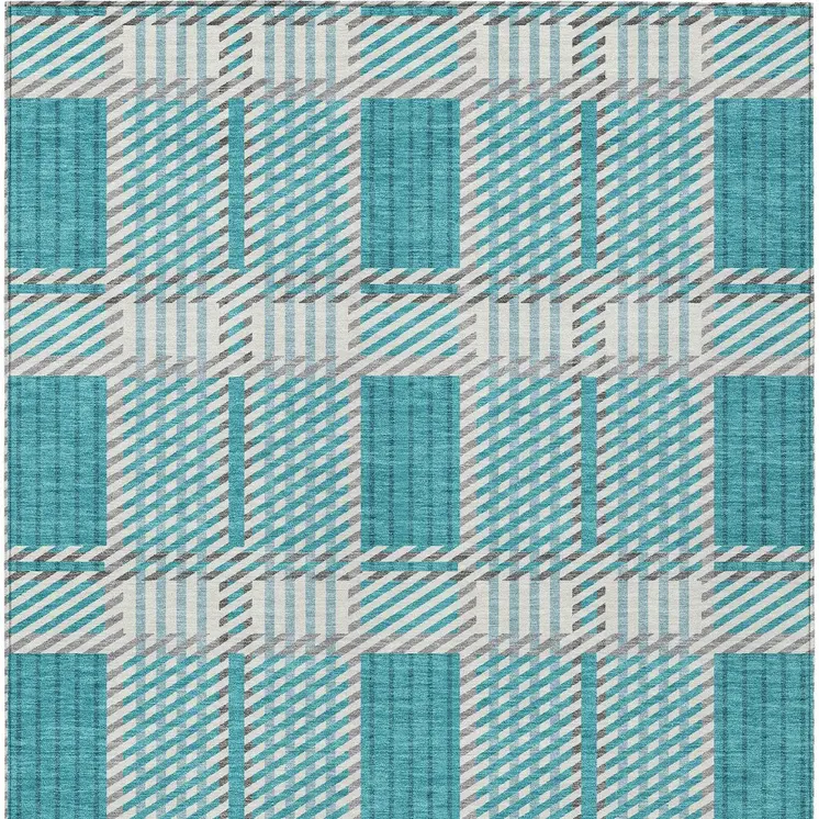 3' X 5' Teal Blue Gray And Ivory Plaid Washable Indoor Outdoor Area Rug