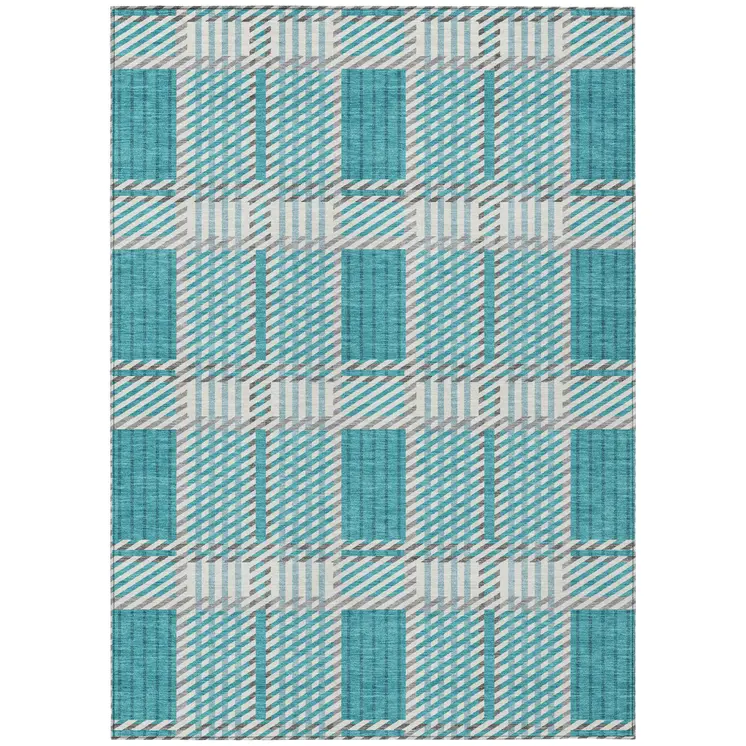 3' X 5' Teal Blue Gray And Ivory Plaid Washable Indoor Outdoor Area Rug