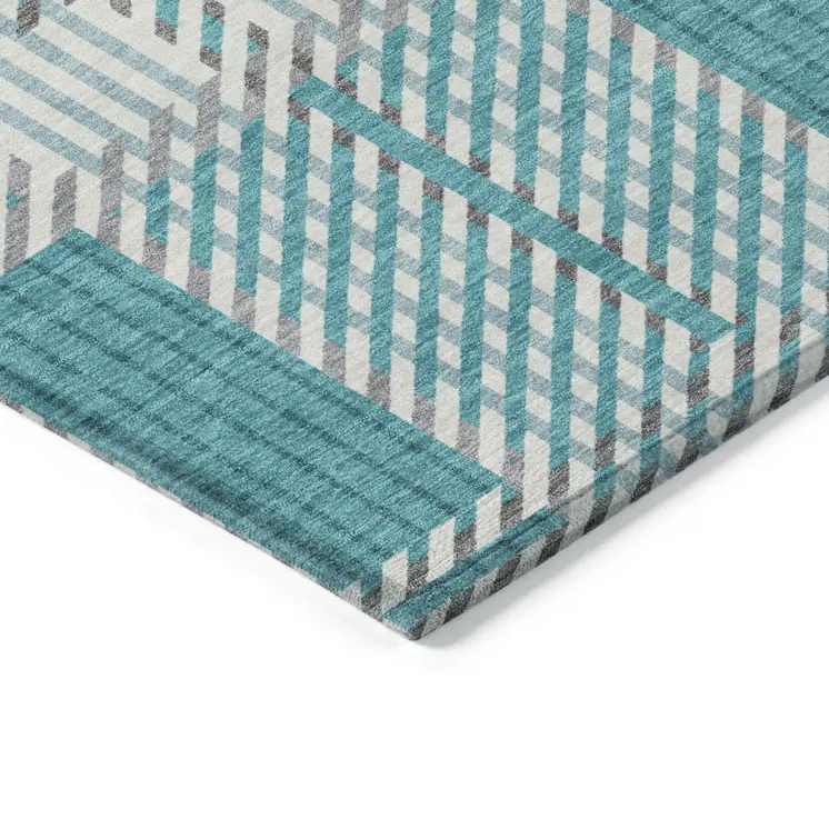 3' X 5' Teal Blue Gray And Ivory Plaid Washable Indoor Outdoor Area Rug