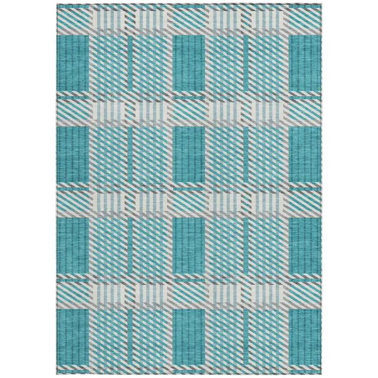 5' X 8' Teal Blue Gray And Ivory Plaid Washable Indoor Outdoor Area Rug