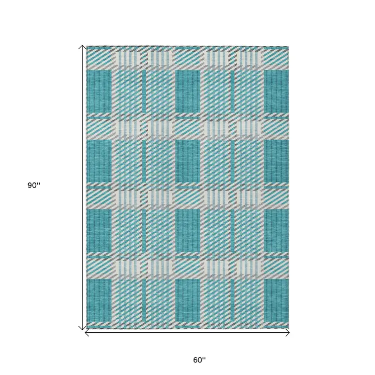5' X 8' Teal Blue Gray And Ivory Plaid Washable Indoor Outdoor Area Rug