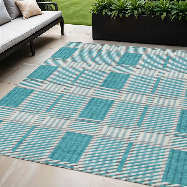5' X 8' Teal Blue Gray And Ivory Plaid Washable Indoor Outdoor Area Rug