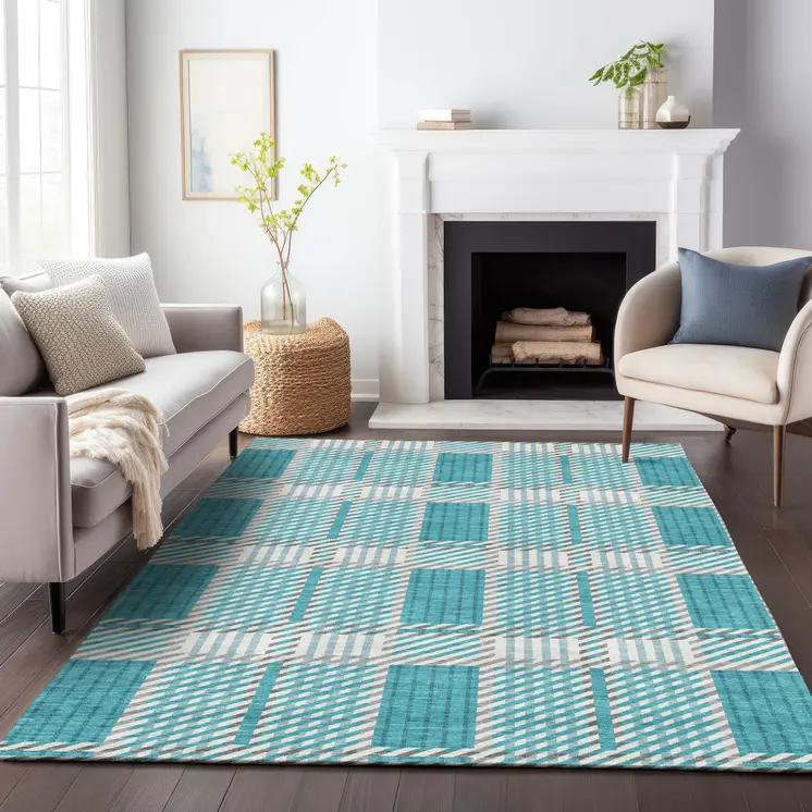 5' X 8' Teal Blue Gray And Ivory Plaid Washable Indoor Outdoor Area Rug