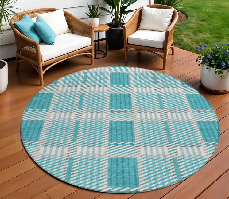 8' Teal Blue Gray And Ivory Round Plaid Washable Indoor Outdoor Area Rug