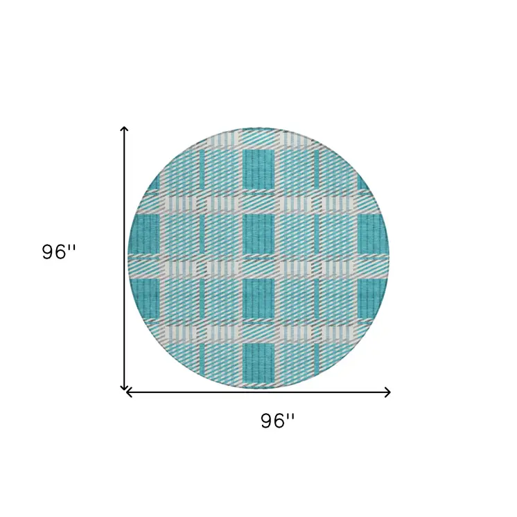 8' Teal Blue Gray And Ivory Round Plaid Washable Indoor Outdoor Area Rug
