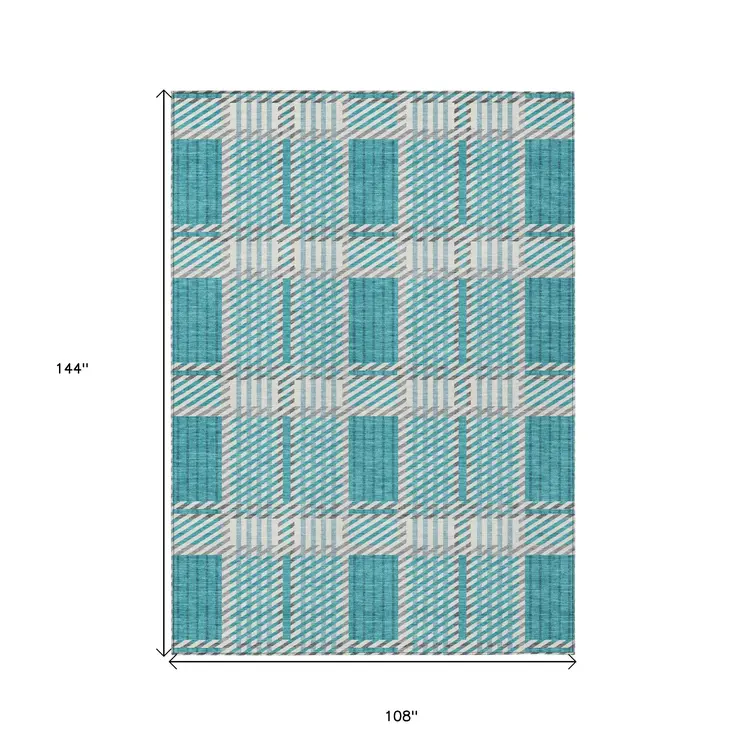 9' X 12' Teal Blue Gray And Ivory Plaid Washable Indoor Outdoor Area Rug
