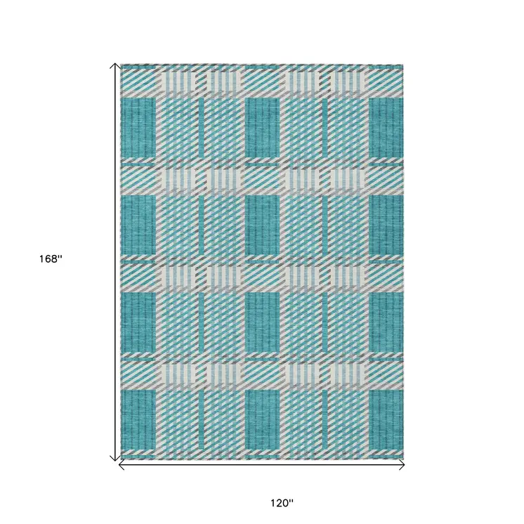10' X 14' Teal Blue Gray And Ivory Plaid Washable Indoor Outdoor Area Rug