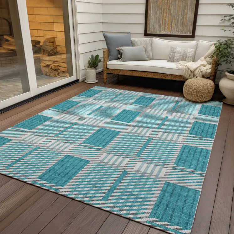 10' X 14' Teal Blue Gray And Ivory Plaid Washable Indoor Outdoor Area Rug