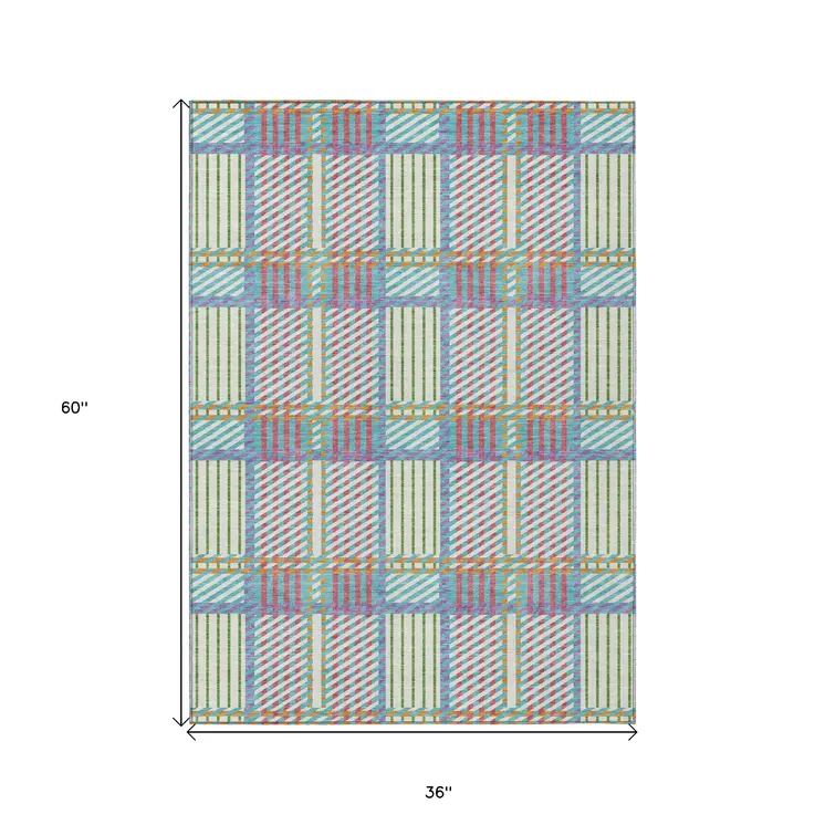 3' X 5' White Purple And Pink Plaid Washable Indoor Outdoor Area Rug