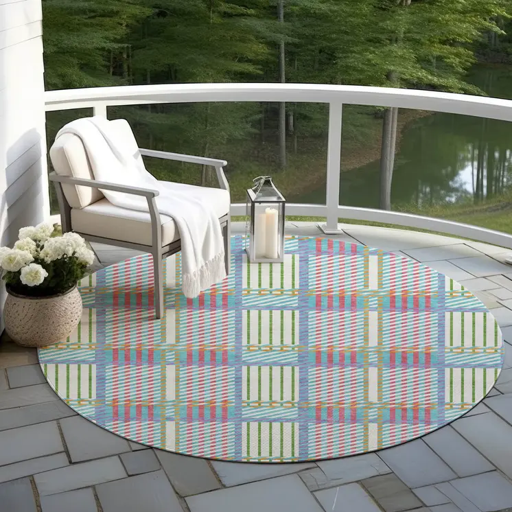 8' White Purple And Pink Round Plaid Washable Indoor Outdoor Area Rug
