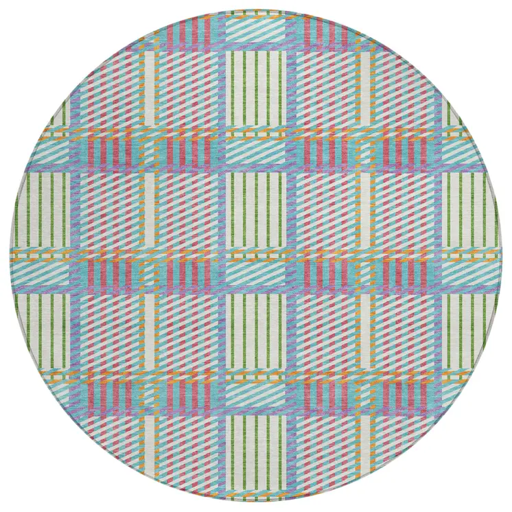 8' White Purple And Pink Round Plaid Washable Indoor Outdoor Area Rug