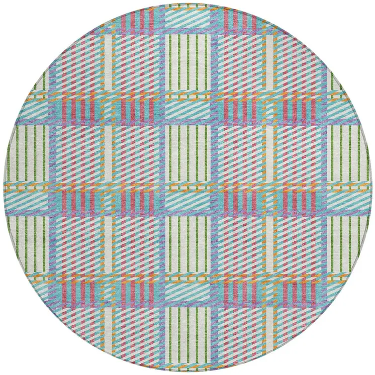 8' White Purple And Pink Round Plaid Washable Indoor Outdoor Area Rug