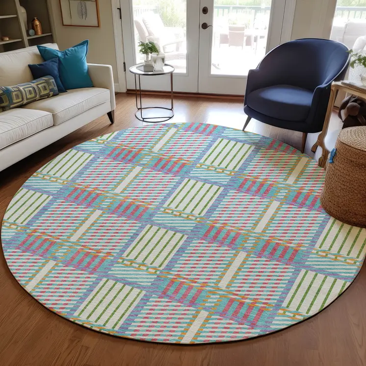 8' White Purple And Pink Round Plaid Washable Indoor Outdoor Area Rug